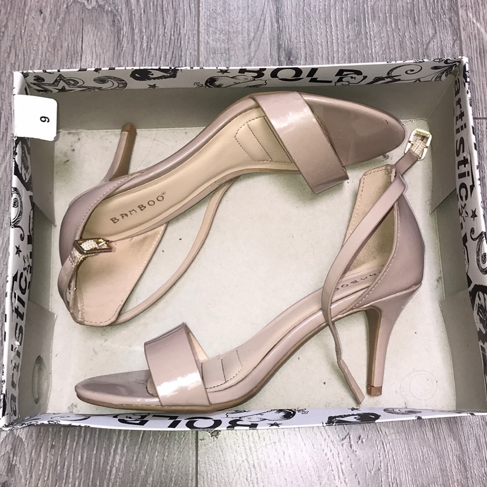 Glossy nude sandal heels